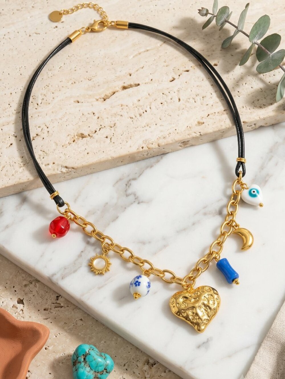 Gold Stainless Steel Heart Evil Eye Sun Moon Charm Necklace Boho 18"+ Extender